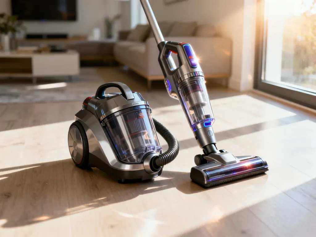 Porównanie nowoczesnego odkurzacza workowego Miele oraz bezprzewodowego modelu Dyson na drewnianej podłodze.
