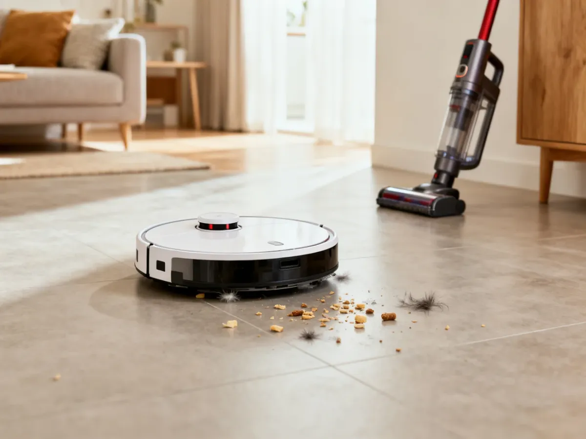 Robot sprzątający pracujący na twardej podłodze obok odkurzacza pionowego