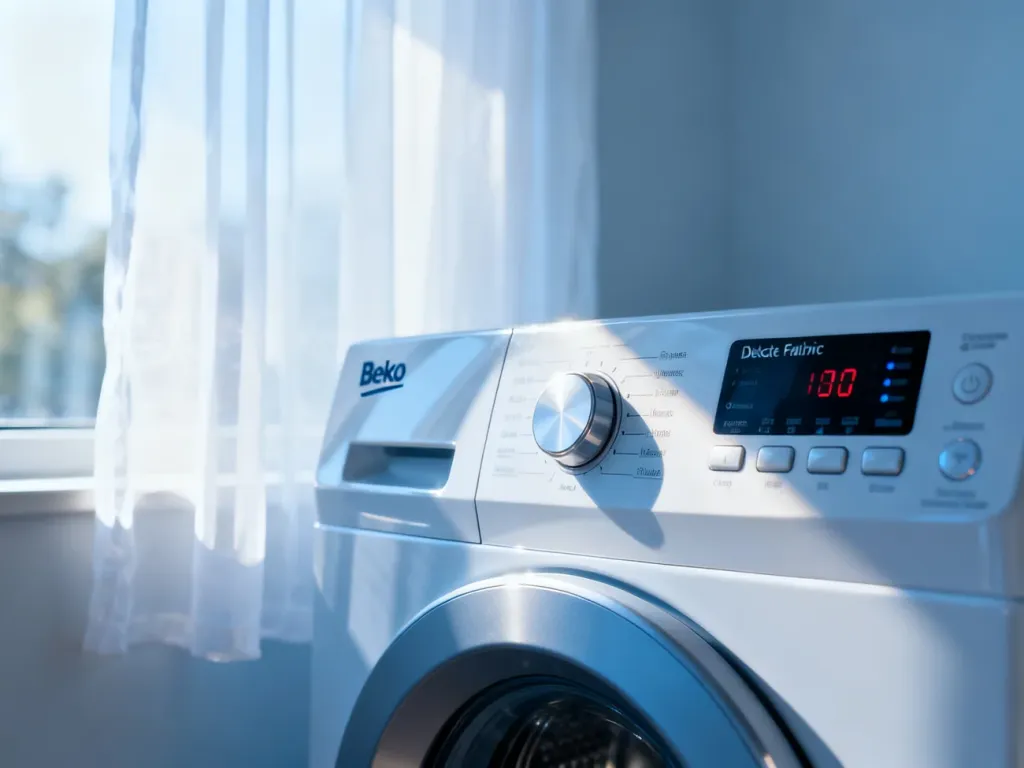 Panel sterowania pralki Beko z wybranym programem do tkanin delikatnych oraz wiszące w tle firanki.