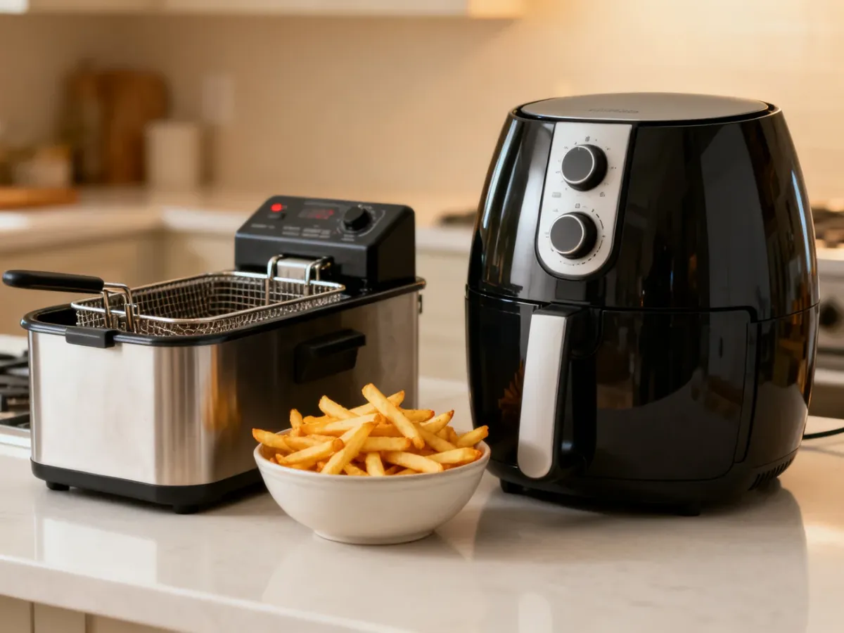 Frytkownica olejowa i air fryer z porcją chrupiących frytek