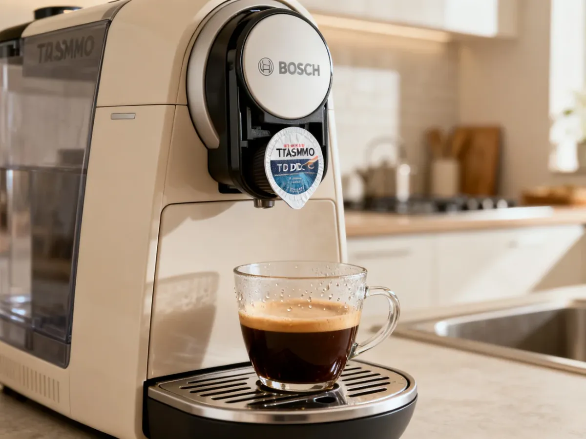 Ekspres Bosch Tassimo z filiżanką kawy i wyjmowaną zużytą kapsułką