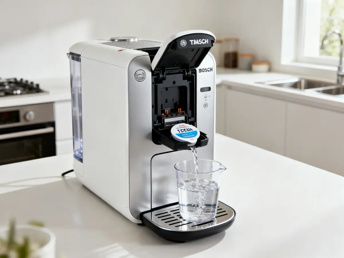 Ekspres Bosch Tassimo podczas pierwszego cyklu czyszczenia z dyskiem serwisowym i pojemnikiem na wodę