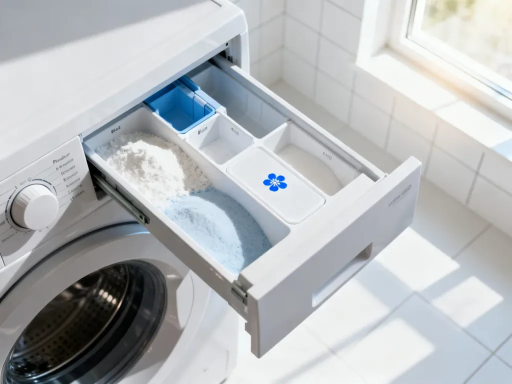 Wysunięta szuflada pralki Electrolux z widocznymi przegródkami na detergenty oraz oznaczeniem płynu do płukania.