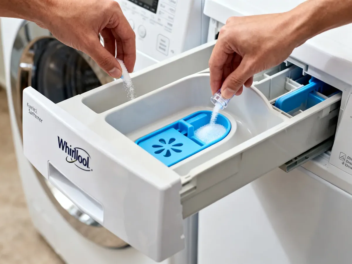 Otwarta szuflada pralki Whirlpool z komorą na płyn do płukania i niebieską wkładką