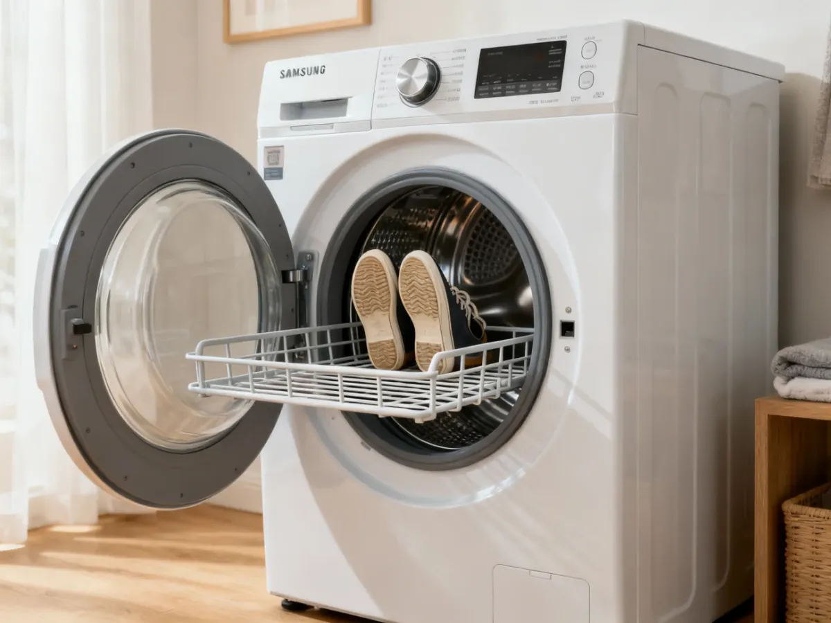 Buty ułożone podeszwami do dołu na szufladzie suszącej w suszarce